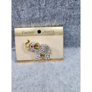 Vintage Gold-Tone Elephant Brooch Pin With Rhinestones & Red Eye Accent